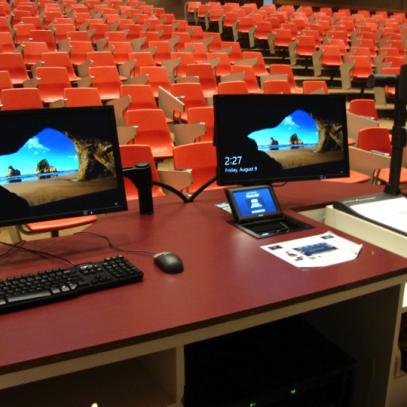 Newton Hall teacher's station showing preview monitors and document camera